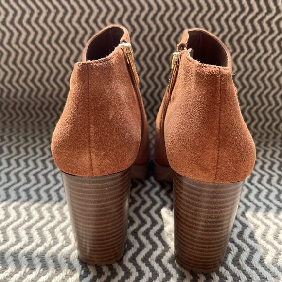 Vince Camuto Shoes Brown Suede Size 7 1/2 Peek A Boo Toe Thick Heel Platform - Picture 3 of 7